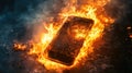 Burning Smartphone On Fire. Data Loss, Overheating, Digital Burnout, Gadget Failure, Tech Problems. Hot Topic, Urgent Issue Royalty Free Stock Photo