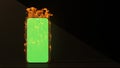 Burning smartphone with green screen on black background