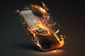 Burning smartphone. Mobile phone in fire. Smartphone explosion, blow up cellphone battery or explosive mobile phone