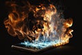 Burning smartphone. Mobile phone in fire. Smartphone explosion, blow up cellphone battery or explosive mobile phone