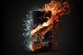 Burning smartphone. Mobile phone in fire. Smartphone explosion, blow up cellphone battery or explosive mobile phone