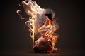 Burning smartphone. Mobile phone in fire. Smartphone explosion, blow up cellphone battery or explosive mobile phone