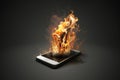 Burning smartphone. Mobile phone in fire. Smartphone explosion, blow up cellphone battery or explosive mobile phone