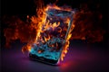 Burning smartphone, phone burning open flame