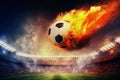 burning soccer ball on fire flying over a football stadium