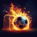 burning soccer ball flying into the goal. ai generative Royalty Free Stock Photo