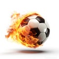 Burning soccer ball isolated on white created with Generative AI. Hot flames in motion. Royalty Free Stock Photo