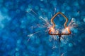 Burning sparkler in christmas new year tree shape over blue glitter background Royalty Free Stock Photo