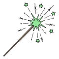 Burning sparkler. From a lit fire, green sparks scatter in the form of stars. Pyrotechnics