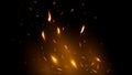 Burning sparks on dark background. Flying fire particles. Realistic Special Effect