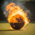 Burning sport ball with bright flame around on green grass field background Royalty Free Stock Photo