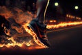 Burning sport shoe with fire flames under sole on black background