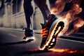 Burning sport shoe with fire flames under sole on black background Royalty Free Stock Photo