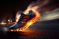 Burning sport shoe with fire flames under sole on night street