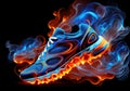 Burning sport shoe with fire red and blue flames under sole on black background Royalty Free Stock Photo