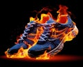 burning sport shoe with red and blue flames under the sole. Royalty Free Stock Photo