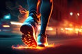 Burning sport shoe with fire flames under sole on black background Royalty Free Stock Photo