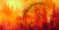 Burning spruce forest. Clock showing five minutes to twelve. Time to stop and realize the values of life