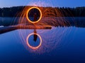 Burning steel wool spinning, showers of glowing sparks from spinning steel wool