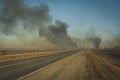 Burning steppe along the road.