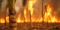 Burning sugarcane field with intense flames and smoke creating chaotic scene Royalty Free Stock Photo