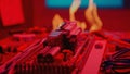 Burning switchboard from overload or short circuit. Circuit breakers on fire from overheating due to poor connection