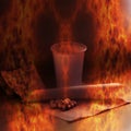 Burning tablets and cup - symbolic representation of drug dependence