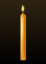 Burning tall wax candle. Yellow candle with golden flame. Illustration of beautiful glowing candle on dark background Royalty Free Stock Photo