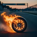 Burning tire on a race track isolated on white background Royalty Free Stock Photo