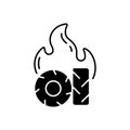 Burning tires black linear icon