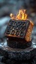 Burning Toast Block with Carved Numeric Symbols