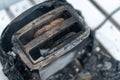 Burning toaster. Toaster with two slices of toast caught on fire over white background Royalty Free Stock Photo