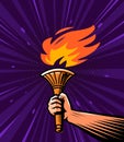 Burning torch in hand. Explorer illuminated path with light of fire in dark. Pop art retro comic style vector