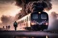 Burning train, accident in the railway, fume over train and firemen around. Accident, tragedy, news concept