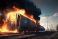 Burning train car on fire accident on train yard. Neural network generated art