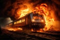 Burning train on railroad at night. Fire in the train, Train on fire, disaster, AI Generated