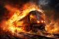 Burning train on the rails. Fire in the train. 3d rendering, Train on fire, disaster, AI Generated