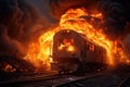 Burning train at railway station. Burning train in the night, Train on fire, disaster, AI Generated