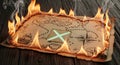 Burning treasure map with an \'X\' marking the spot, evoking adventure and urgency Royalty Free Stock Photo