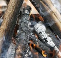 Fire. Closeup of pile of wood burning with flames in the fireplace Royalty Free Stock Photo