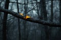 Burning tree branch in dark forest Royalty Free Stock Photo