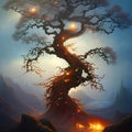 Burning tree in a foggy forest