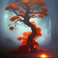 Burning tree in a foggy forest