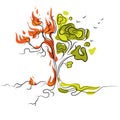 Burning tree and living green tree,global warming and drought,forest fires.Vector Save the environment Royalty Free Stock Photo