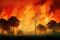 Burning trees in the forest. Illustration of natural disaster, Forest fire natural disaster concept, burning fire in the trees on