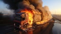 Burning truck on the highway. Car crash accident, aerial view Royalty Free Stock Photo