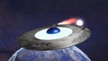 Burning UFO near Planet Earth in outer space Royalty Free Stock Photo