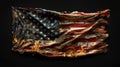 Burning USA flag on black background. American symbol on fire