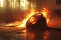 Burning vacuum cleaner causing a house fire with smoke and flames Royalty Free Stock Photo