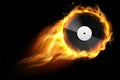 Burning vinyl record. Realistic analog audio disc with fire trace. Retro musical album. Disco party background. DJ music